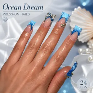 24pcs Long Duck Bill Mermaid Style Nail Tips, Bare Blue Ocean French Edge False Nails, 3D Shell Star Rhinestone Pearl Design, Glossy Finish