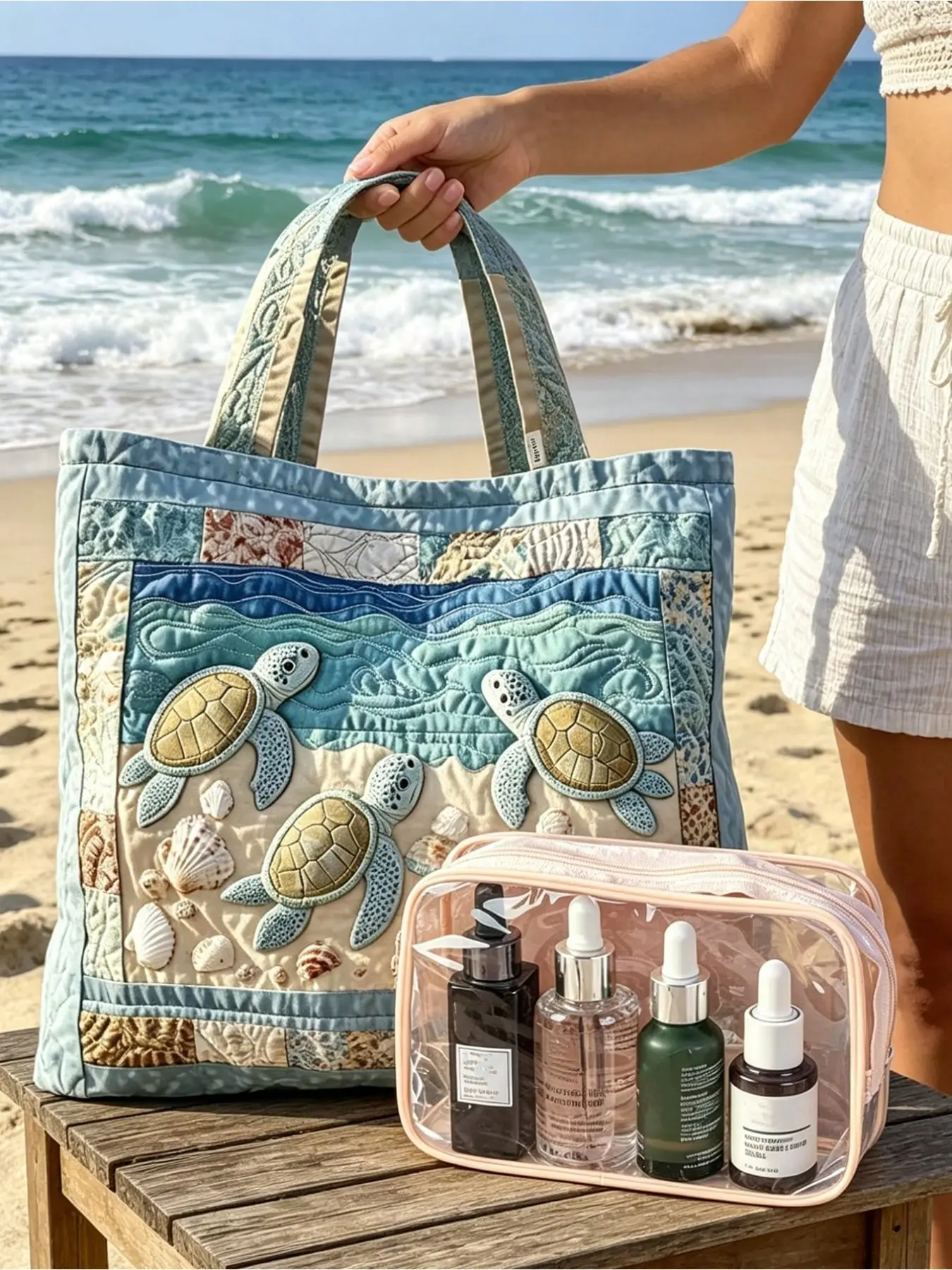 Transparent Cosmetic Bag/Aesthetic Tote Bag, Reusable Tote Bags With Printed Ocean Elements, Including Seashells, Large Beach Bag, Women's Handbag/Shoulder Bag, Reusable Shopping Bag, Suitable For Travel, Shopping, Beach Purse
