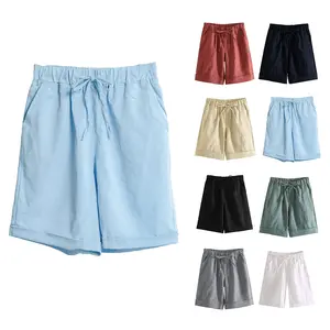 SCUSTY Womens Summer Casual Cotton Elastic Drawstring Beach Bermuda Shorts with Belt