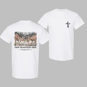 Sharpens Iron Christian Hunting Shirt Proverbs 27:17 Buck Graphic Tee Faith & Outdoors Front Back Print Bible Verse Menswear Top Religious Gift for Hunters Classic Fit 100% Cotton