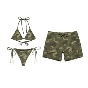 Green Camo Eco String Swimwear Set for Couples -Swim Bra & Tie Bikini Set, Couple Trendy Camo Biniki And Short
