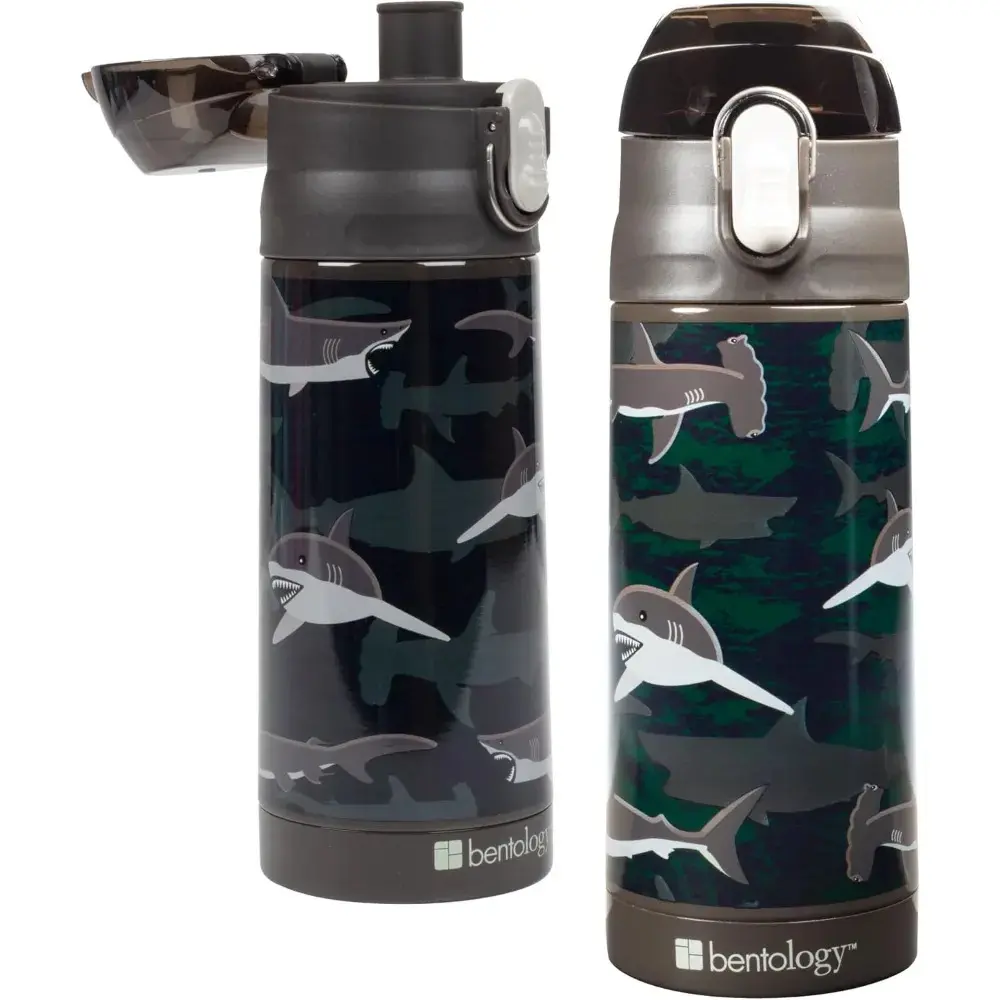 Bentology Stainless Steel 13oz Insulated Kids Water Bottle w Built In Straw- Easy to Open, Reusable BPA-Free, Fits in Most Lunch Boxes for Boys, Girls, School, Sports, Camp - Shark