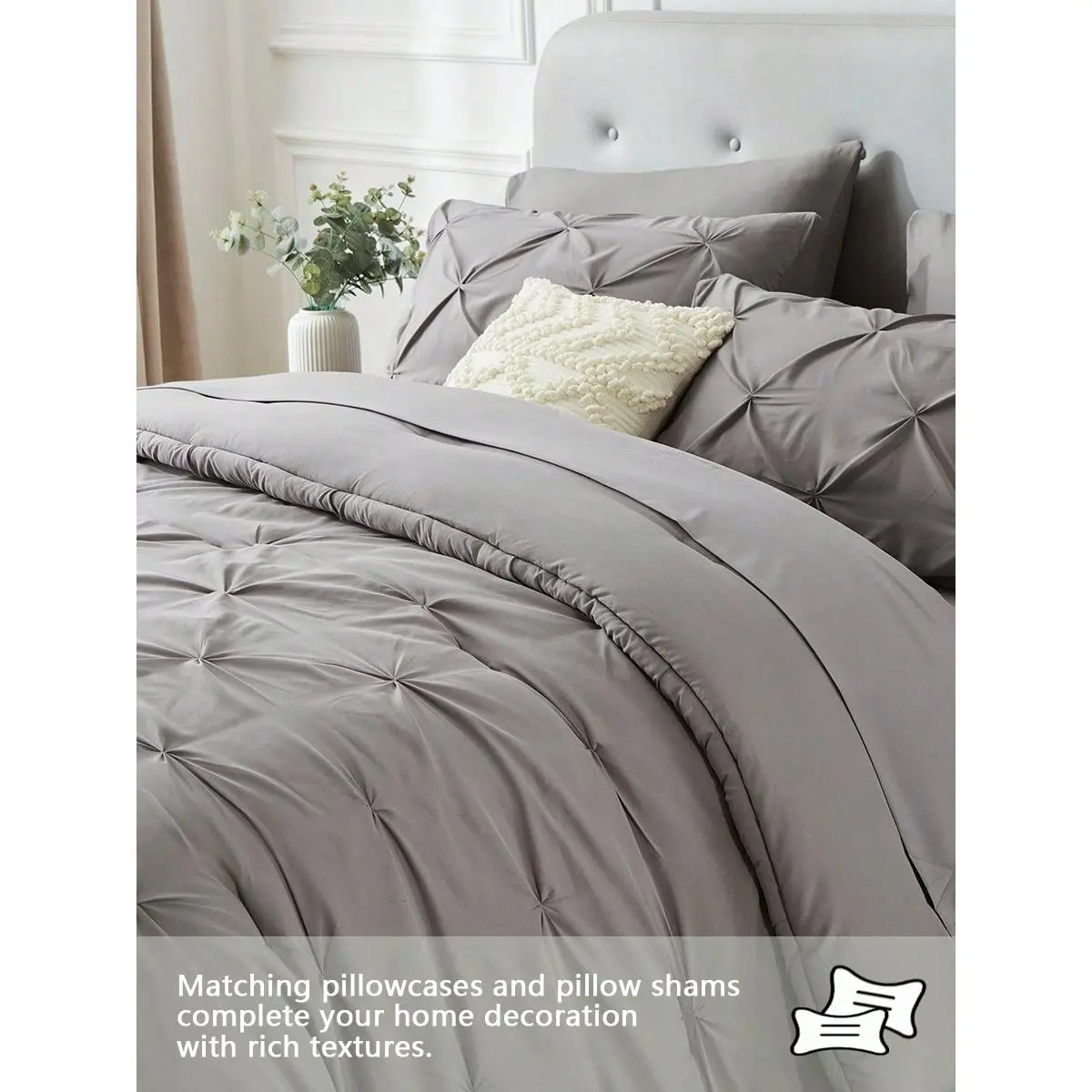 5/7pcs Queen Pinched Pleat Comforter Set Queen  - Luxurious, Soft, Breathable, Hypoallergenic, And Cooling Bedding For All Seasons With Sheets, Pintuck Design, And Bed-In-A-Bag Convenience - Easy Care, Machine Washable, And Durable,  Ideal Gift