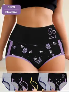 Women's Plus Size Underwear Set, Lady, Comfortable Mid-Waist Panties, Colorblock Print Design, Waist Cinching, Pack of 6, Fit, Womenswear