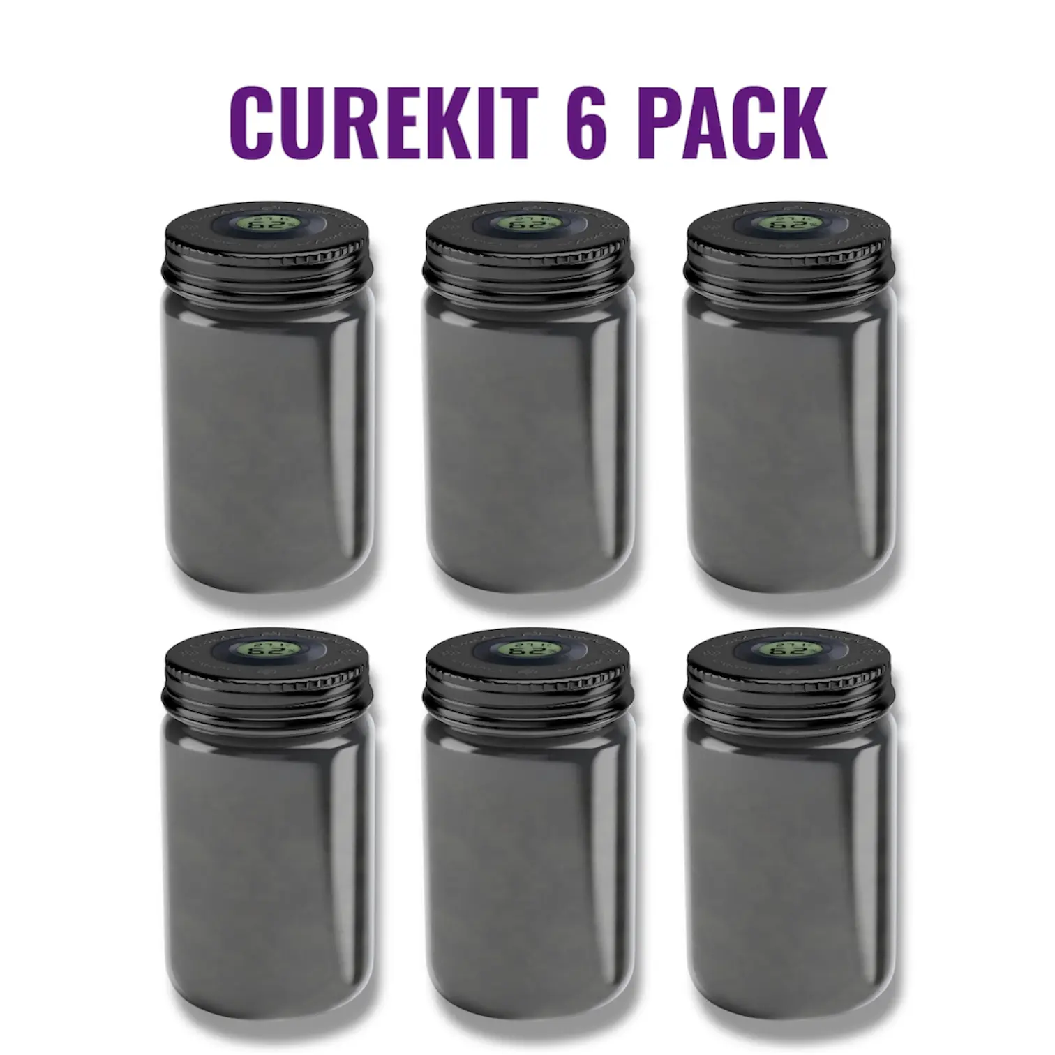 Dry Tents Cure Kit 6 Pack- UV Tinted Curing Jars for Organic Aromatics with Built In Temp/Humidity Gauge and Control Packs For Curing And Plant Care