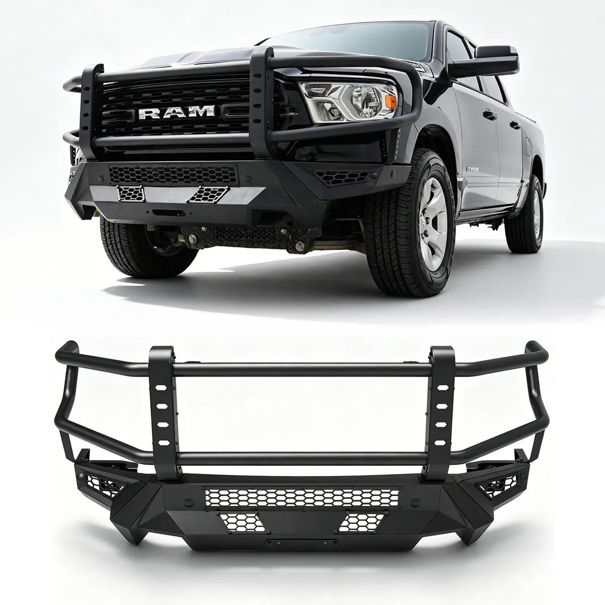 WOLFSTORM Custom Fit Modular Front Bumper for 2019-2024 Ram 1500, Includes Bull Bar, Front Bumper-Main Body, 2 Side Wings