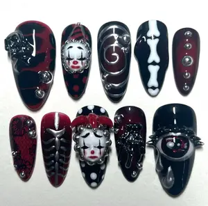 Gothic Clown Nails with Skeleton Bones, Dark Swirls, Blood Red Chrome, Pierced Eye, Spider & Web Lace – Halloween Horror Circus Nail Art Set