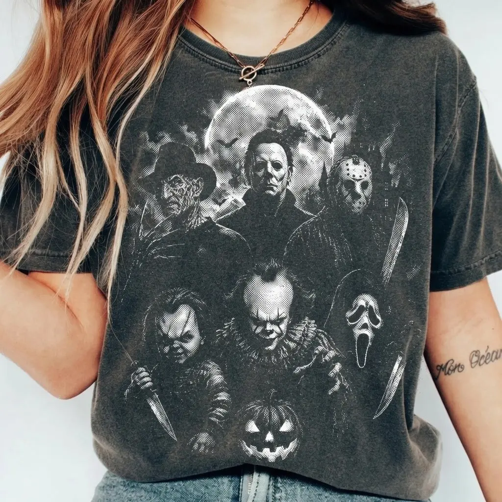 Vintage Classic Halloween Horror Characters Comfort colors Shirt, Halloween Shirt Graphic Tee, Spooky Season Halftone Shirt, Vintage Scary Movie Tshirt