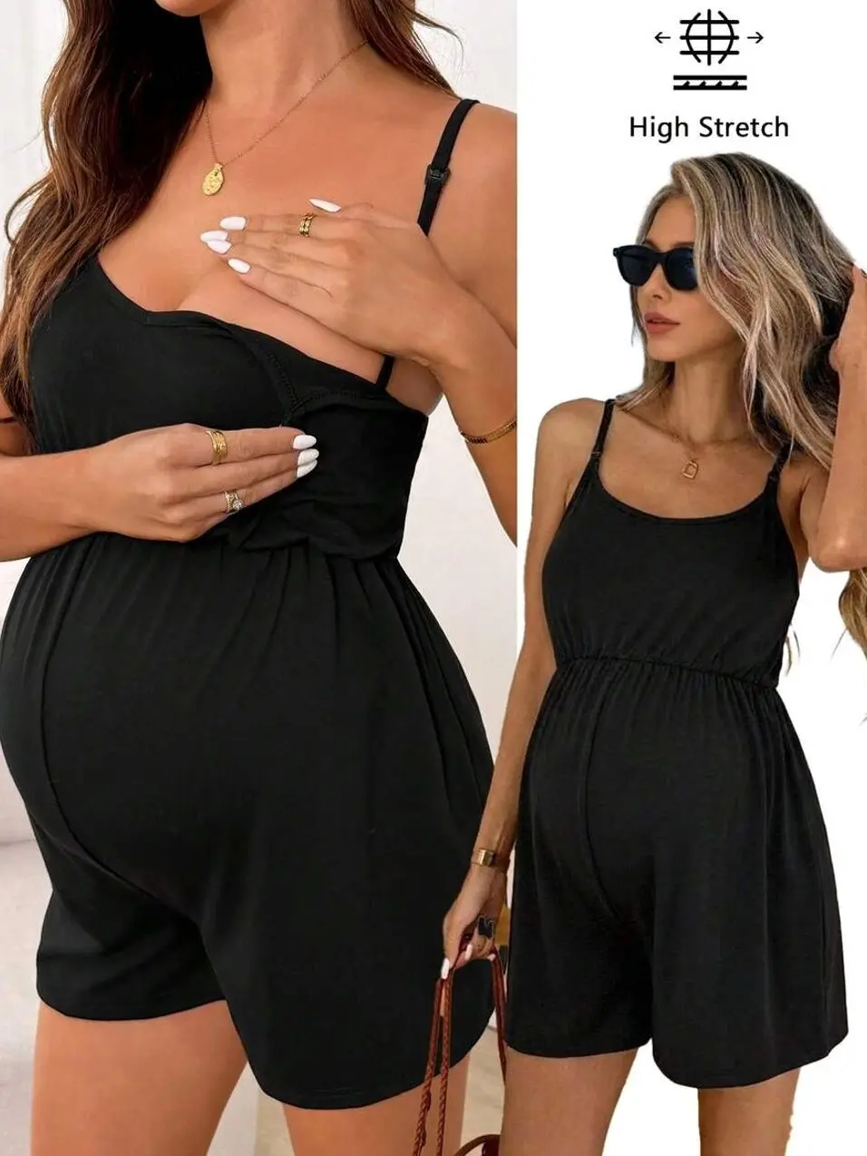 Maternity Casual Solid Color Sleeveless Nursing Romper, Summer,Pajama,Pajama Dress,Loungewear ,Sleepwear
