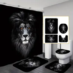 1 PCs/4 Pcs Black Lion Shower Curtain Gift Modern Home Bathroom Structured Curtain and Toilet Floor Mat 3 PCs Set with 12 One Shower Curtain Hook