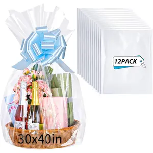 12 count Large Cellophane Bags 30x40 Inch Clear Cello  Bags Cellophane Wrap for  Baskets Mothers Day Graduation Gifts Decorations Candy  Bridal Shower Wedding Party favor Birthday