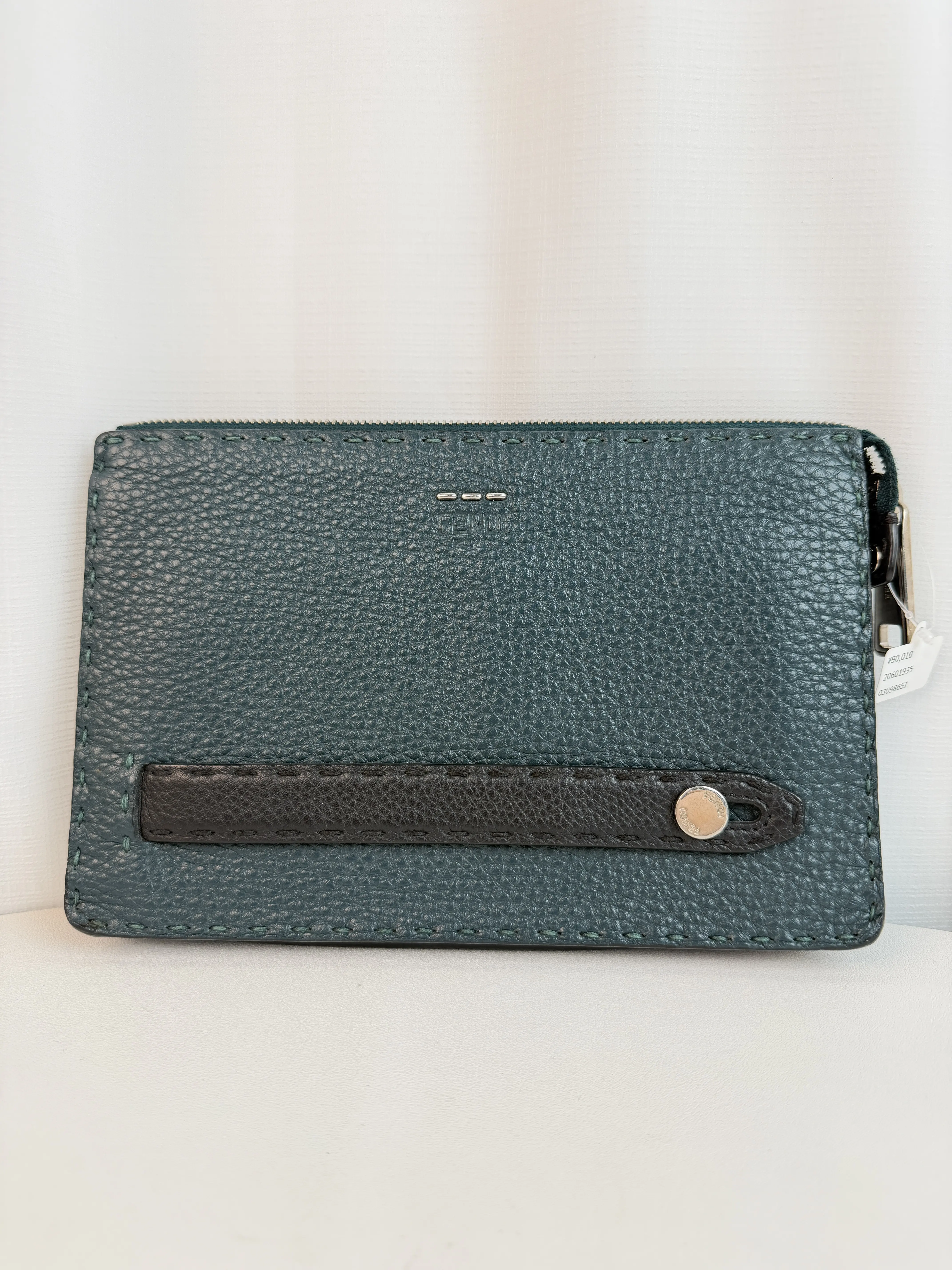 Pre-owned FENDI Cuoio Romano Small Leather Goods Selleria Zip Around Teal Green Clutch Wallet