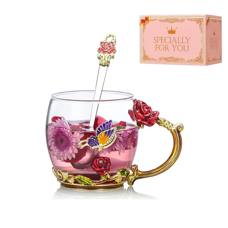 Tea Cup Glass Coffee Enamels Mug Gifts for Mom Women Christmas Birthday | Valentines Day for Her Girlfriend Wife,Mothers Day Gifts from Daughter Son,Heat & Cold Resistant,Shatterproof