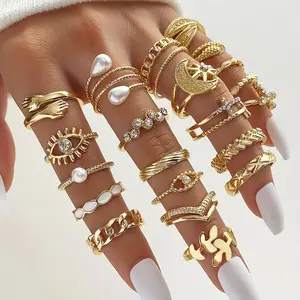 22Pcs Chic Golden Rings Set Vintage Women Embrace, Evil Eye, Chain, Moon & Sun Designs Rings Sparkling Inlaid Cubic Zirconia Mix Ring Geometry Stackable Adjustable Rings Proms, Music Festivals, And Holiday Fashion Accessory