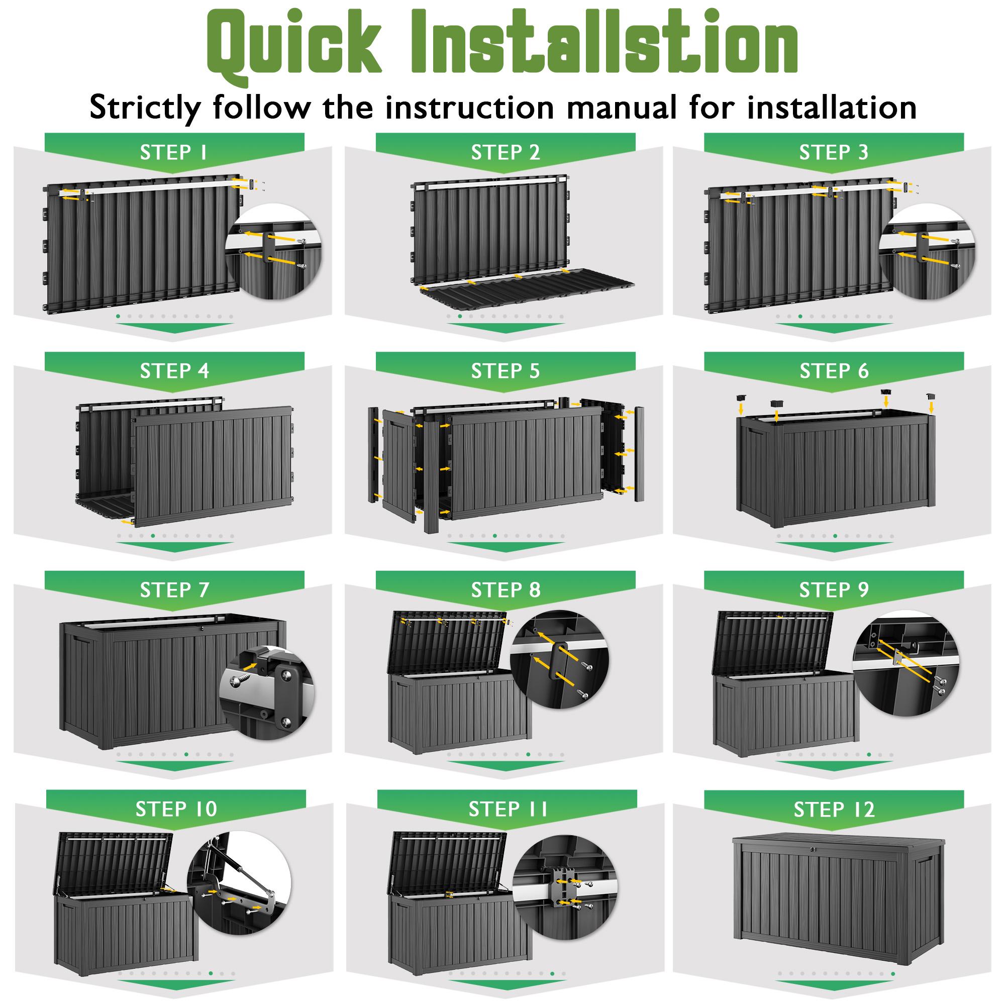 100 Gallon Resin Deck Box – Waterproof, Weather Resistant & Lockable – Imitation Wood Finish, UV-Resistant – Indoor/Outdoor Storage for Patio Cushions, Garden Tools, Pool Accessories – Storage Bench for Backyard & Deck