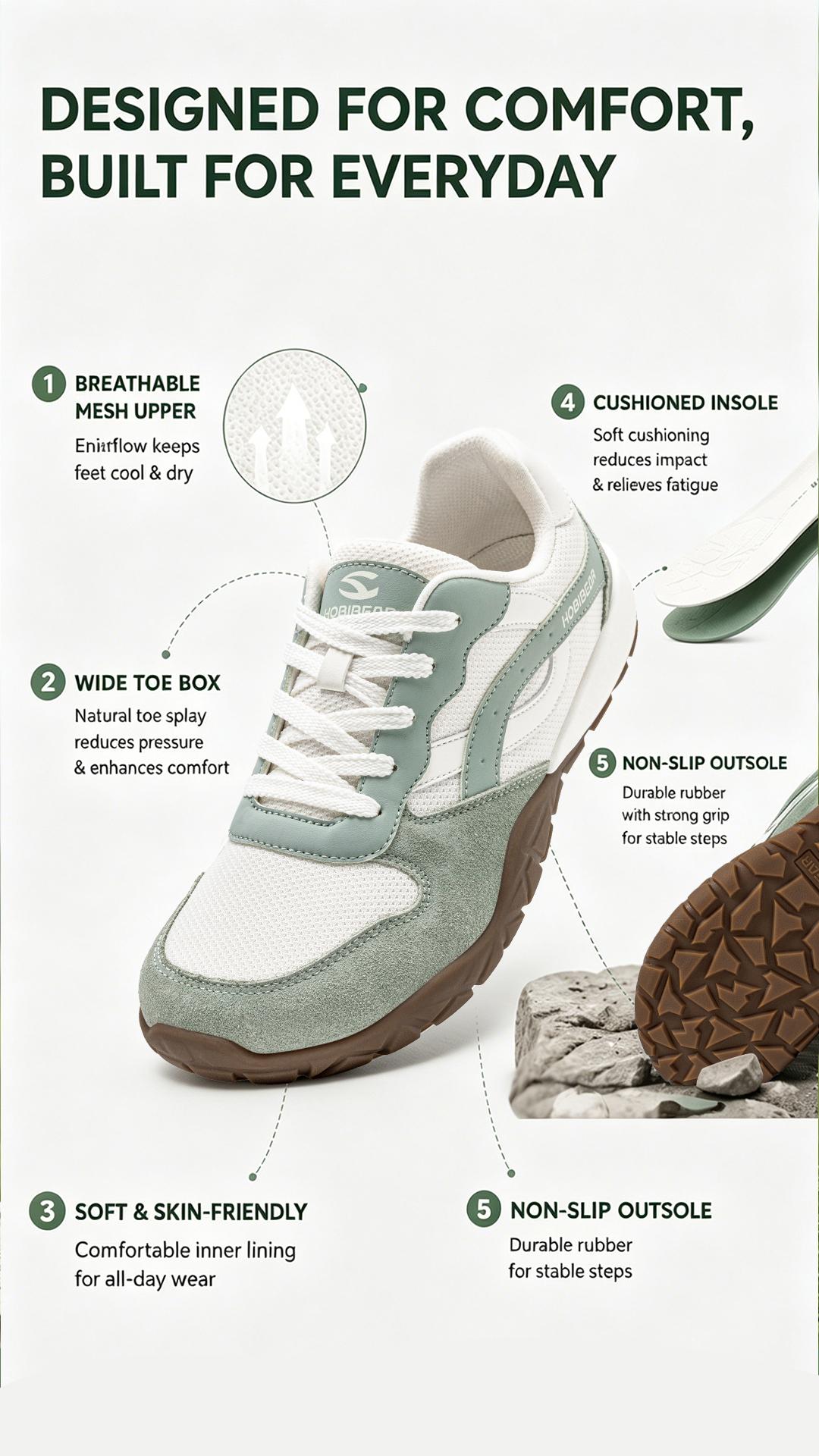 HOBIBEAR wide-toe sneakers, barefoot shoes, Women Fashion Sneaker Lightweight Lace-Up Sport Shoe, Affordable Casual Trendy Minimalist Daily Wear Footwear, Comfort Daily Wear Shoes for Long Walk Summer Outdoor Autumn Women Zapatos Minimalistas