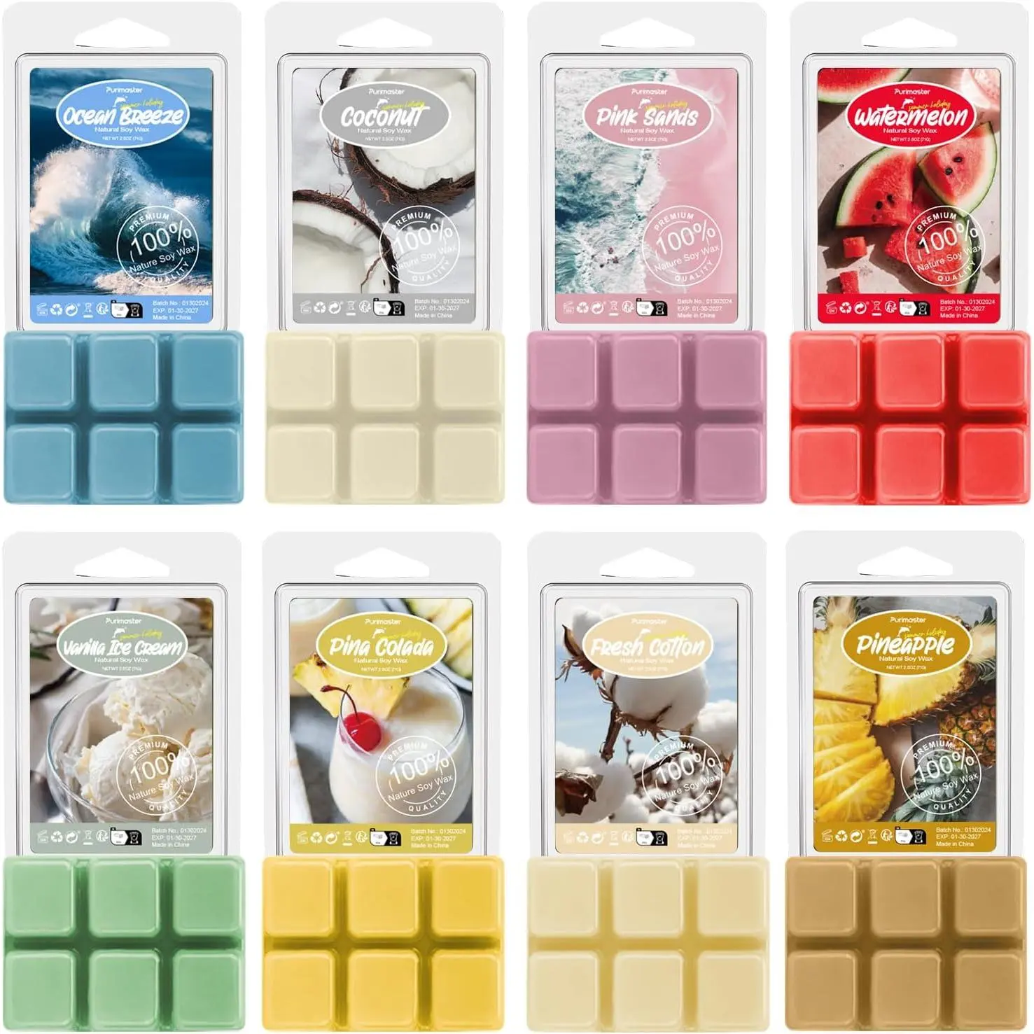 Summer Scented wax Melts, Soy Wax Tarts for Warmer, Scented Candles  Set -Sea Breeze, Coconut, Pina Colada,  Beach, Pineapple, Watermelon, Vanilla Ice Cream, and Fresh Cotton, 8Pack