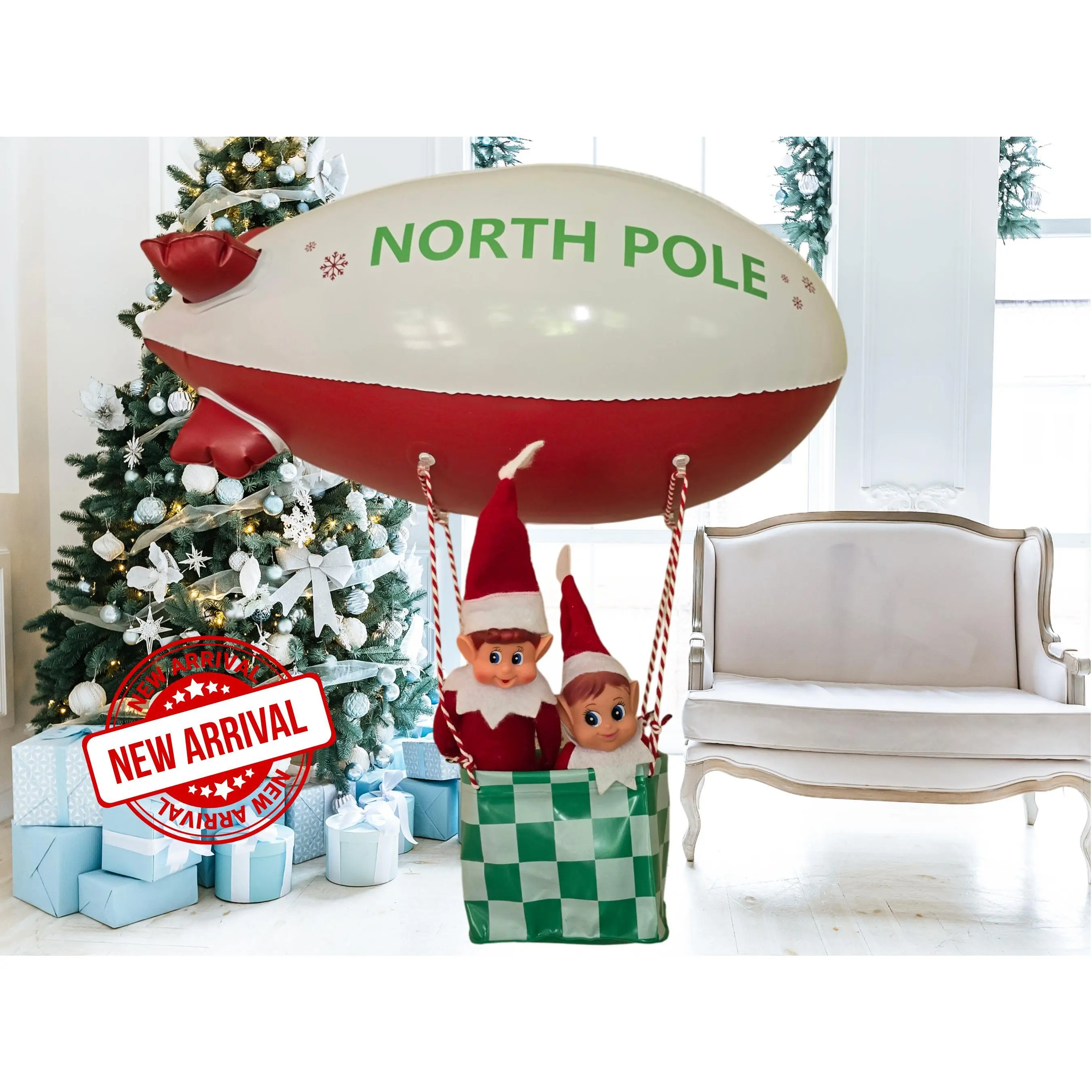 Elf Arrival Inflatable Blimp - Christmas Decorative Elf Transport, Red & White Design, Ideal for Holiday Decoration Basket Magical