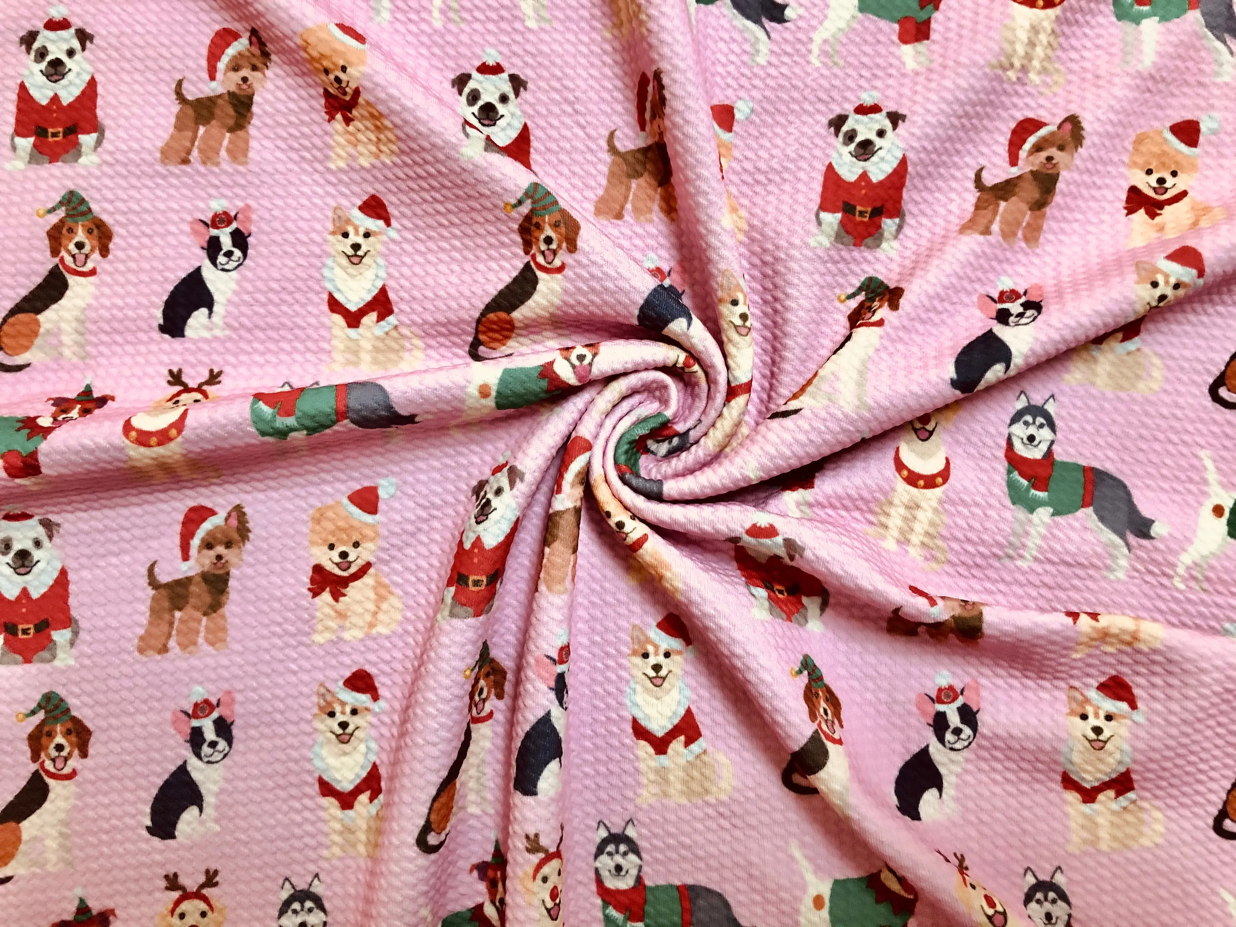 Pink Christmas Dogs Bullet Knit Fabric – Textured 4 Way Stretch, 58" Wide, 200 GSM – By the Yard