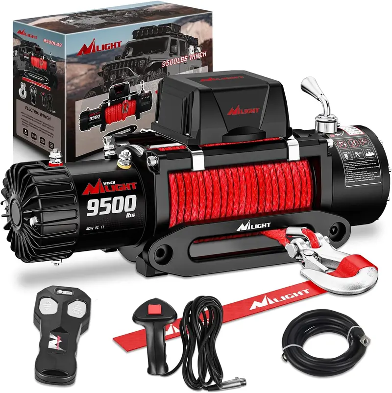 Nilight Electric Winch 12V Waterproof IP68 Towing Winches for Trailer Jeep ATV UTV Truck SUV 9500 LBS Portable Badlands Winch with Synthetic Rope Hawse Fairlead Wired Handle Wireless Remote Red Rope