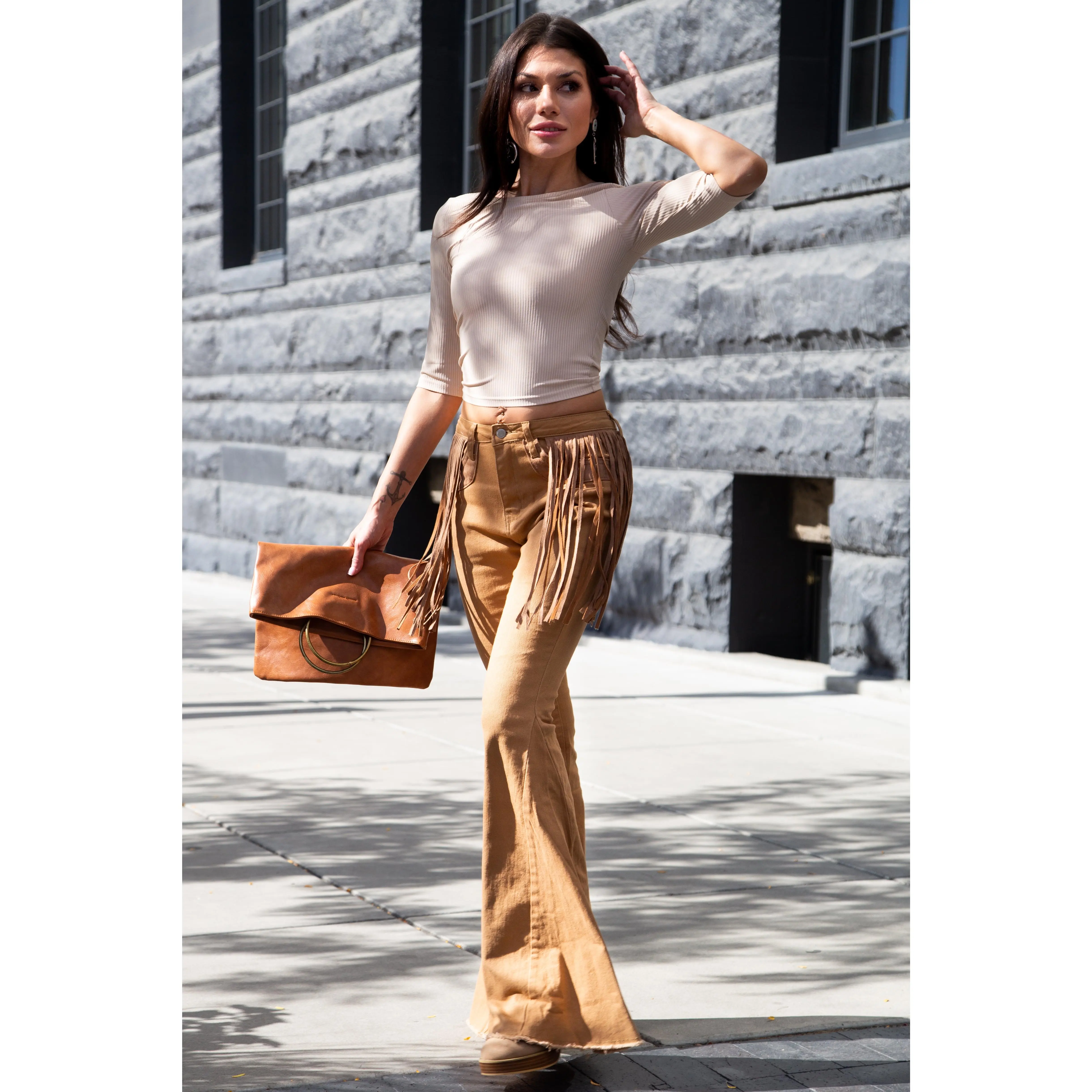 DOLLY FRINGE FLARED JEANS ~ TAN