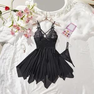 AgeRose Women's Elegant Black Lace Babydoll Lingerie Deep V Cross Strap Mesh Nightgown Set Romantic Sexy Sleepwear Thong for Women Valentine's Day Gift New Year Gift