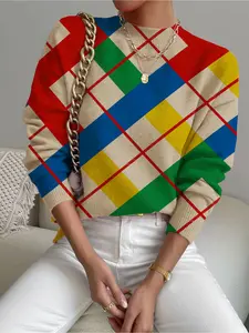 Women's Geometric Plaid Colorblock Print Stand Collar Sweater Tops, Fall Winter Casual Long Sleeve Fitted Knitwear, Comfortable Warm Daily Wear