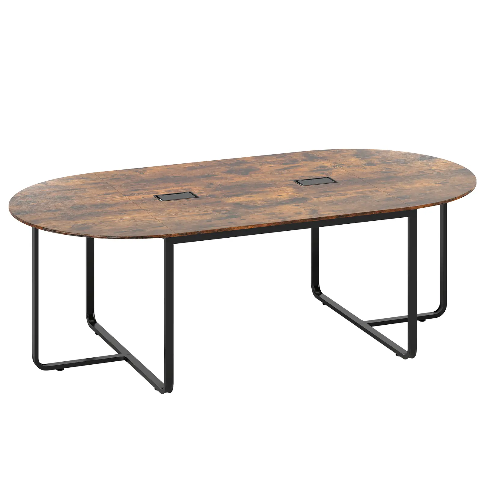 COSTWAY - 95 Inches Oval Conference Industrial Executive Table with Dual Cable Holes-Rustic Brown