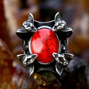 GTHIC Punk Four Snake Heads Red Gem Stainless Steel Ring Fashion Animal Jewelry Birthday Gift for Men Women Daily Wear