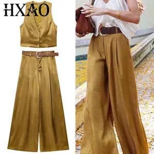 HXAO Satin Loose Pant Sets Women's Suit Gold Button Sleeveless Vest 2 Piece Sets Woman Outfit Baggy Pleated Belt Trousers Sets