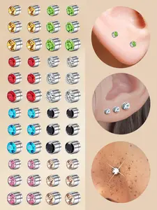 3 pairs Stainless steel colored cubic Cz earrings, diameter 3 mm 4 mm 5 mm Magnetic earrings set, clip earrings, pierced ear clips Women's non-perforated body jewelry Zircon stud earrings