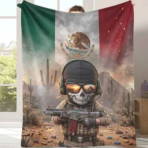 Mexican Soldier Skull themed Flannel Blanket featuring Mexican flag eagle emblem and vibrant Aztec patterns ultrasoft cozy durable ideal for home decor bedding sofa throws outdoor camping patriotic gifts and holiday celebrations.
