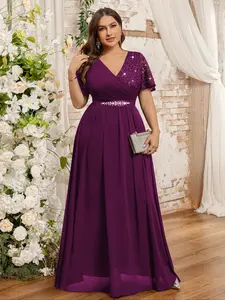 MISSMAY P54502A Plus Butterfly Sleeve V-Neck Floral Lace Contrast Sequin Chiffon Rhinestone Ribbon Waist Evening Formal Ball Party Maxi Dress, Wedding Guest Dress, Prom Dress, New Year Dress, For Birthday, Graduation, Homecoming