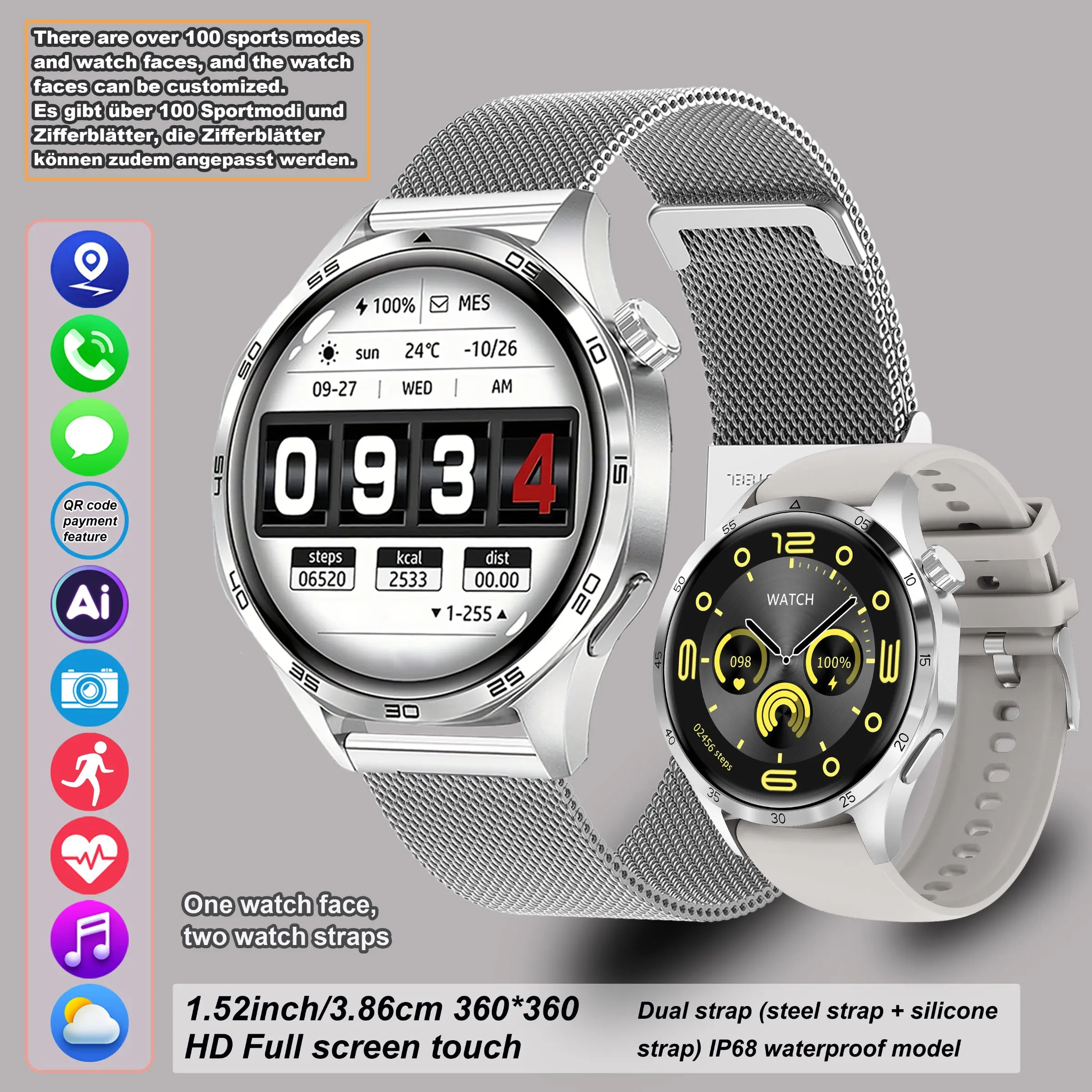 Watch6 Pro smart watch, Multifunctional smartwatch, 1.53-inch touch screen wireless calling, with 100 sports modes & watch faces, AI voice assistant, compatible with Android & iPhone watches, fitness watch, Milanese stainless steel strap waterproof watch