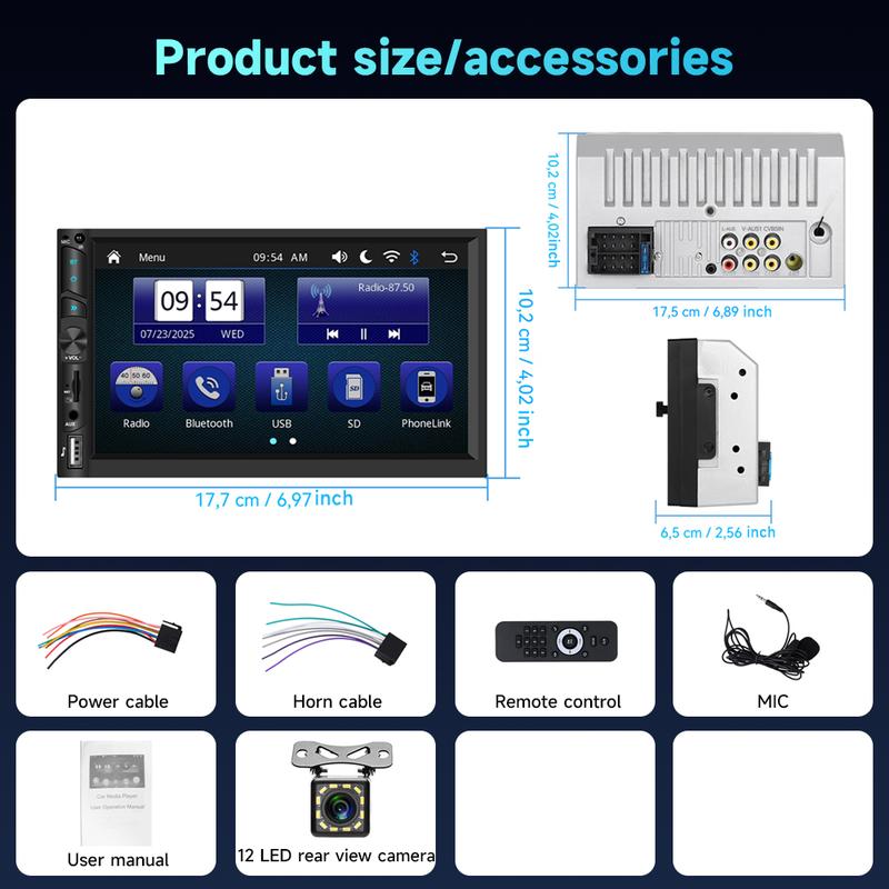 7 Inch Double Din Wireless Carplay Android Auto Bluetooth Car Radio, HD Touch Screen Car Stereo with Mirror Link, Backup Camera, FM Car Audio, EQ, AUX/USB/SD Card Input, Steering Wheel Control