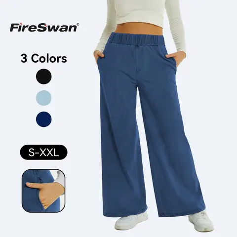 FireSwan Women's Mid-Rise Elastic Waist Stretchy Wide Leg Denim Pants, Basic Streetwear Bottoms with Pockets, Comfortable All-Seasons Pants for Women (58 Cotton, 32 Polyester, 10 Spandex, Machine Washable)