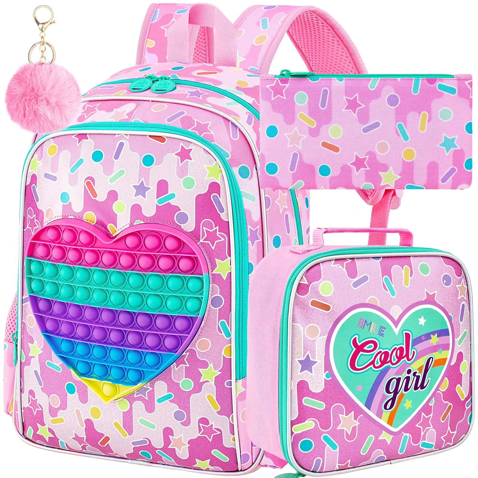 3PCS Backpack for Girls, 16”Kids Water Resistant Elementary Preschool Kindergarten School Bookbag with Lunch Box - Pink