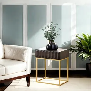 Augsburg Walnut Color Textured Square Contemporary Side Table with Gold Metal Frame Legs and Drawer