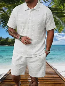 Men's two-piece casual suit with a textured mesh pattern V-neck short-sleeve top and drawstring shorts, suitable for summer wear, applicable for beach, vacation, daily wear, golf, gym workouts, and other occasions.