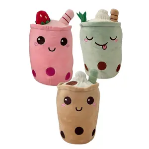 Boba Plushies - Pink Strawberry, Green Mint, and Brown Coffee Frappe with Whipped Cream - 25cm Size - Soft and Cuddly