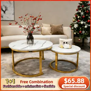 HXXYOYO 27.6-inch Nesting Coffee Table Set, Round Marble Pattern Wood Top with Gold Metal Frame, Modern Living Room Table, Space-Saving Design, 2 Piece SetLiving room, bedroom, study room, office desk