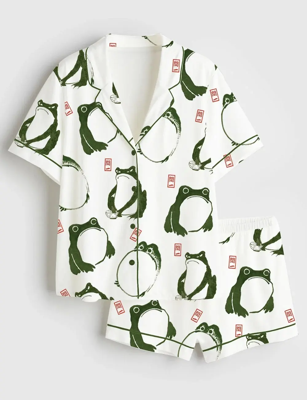 Women's Japanese Matsumoto Frog And Toad Short Sleeve Satin Pajama Set