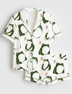 Women's Japanese Matsumoto Frog And Toad Short Sleeve Satin Pajama Set
