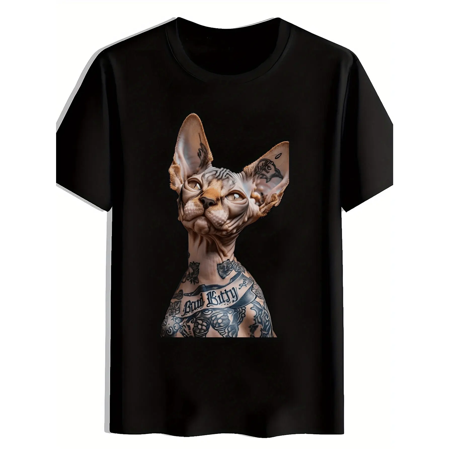 Men's Sphynx Cat Graphic T-Shirt - Black Casual Short Sleeve Round Neck Summer Tee with Tattoo Design, 100% Polyester Machine Washable for Beach, Vacation & Casual Attire, Beach T Shirt, Leisure Clothing, Artistic Print Shirt, Comfortable Fit Shirt