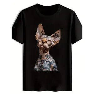 Men's Sphynx Cat Graphic T-Shirt - Black Casual Short Sleeve Round Neck Summer Tee with Tattoo Design, 100% Polyester Machine Washable for Beach, Vacation & Casual Attire, Beach T Shirt, Leisure Clothing, Artistic Print Shirt, Comfortable Fit Shirt