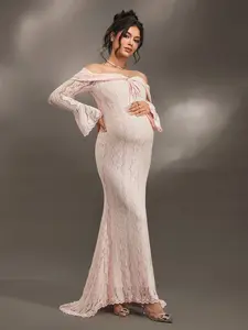 ALLITA Lace Off Shoulder Maternity Maxi Dress Baby Shower Gown Boho Style