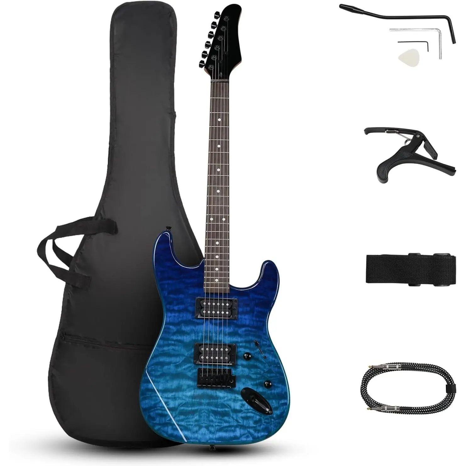 Ktaxon 39 Inch Electric Guitar, Full Size Solid Body H-H Pickups 6 Strings Beginner Guitar Kit With Upgrade Cable & Guitar Capo, Tremolo Arm, Gig Bag & Strap (Ocean Blue)