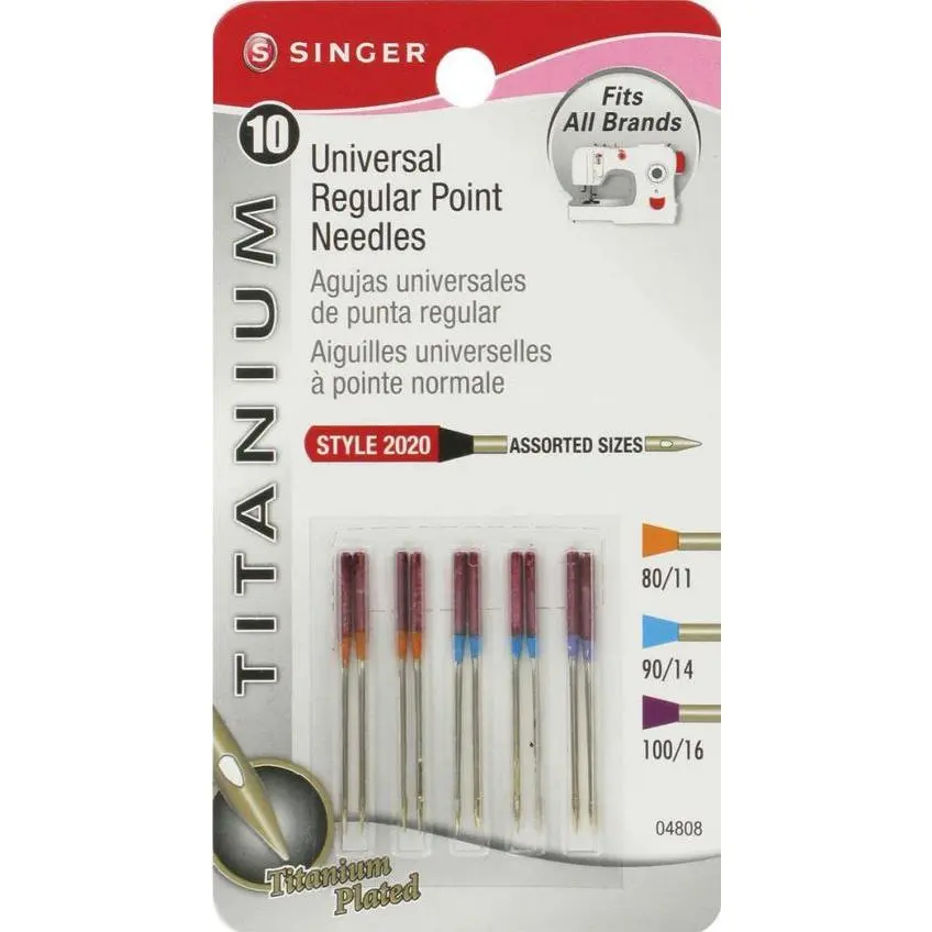 Singer 10pk Titanium Universal Assorted Sizes Style 2020 Regular Point Sewing Machine Needles 4808