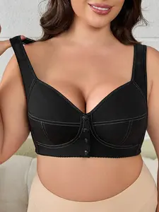 Plus Size Front Closure Bra 0XL-4XL - Wireless Support Bralette, Grid Print Everyday Lingerie, Underwear, Back Smoothing Full Coverage, Comfortable Easy Wear Bra