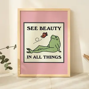 Frog and Butterfly Wall Print, Cute Pink Wall Art , A3 A4 A2 House Warming, Retro Quote Prints, 50s 60s 70s Posters, Wholesome Art, UNFRAMED